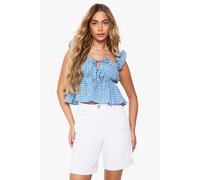 Boohoo Woven Gingham Print Frill Peplum Top In Blue blue 10