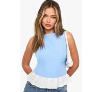 Boohoo Woven High Neck Ruffle Hem Top In Blue blue 14