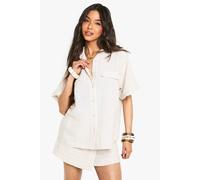 boohoo Women's Woven Linen Look Striped Short Sleeve Shirt in Stone | Size: 12