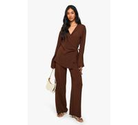 Boohoo Woven Wrap Top & Trouser Set In Chocolate chocolate 6
