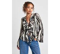 Boohoo Zebra Chiffon Plunge Tie Front Blouse In Black black 16