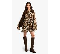 Boohoo Zebra Flare Sleeve Chiffon Smock Dress In Brown brown 8