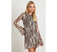 Boohoo Zebra Mesh Flare Sleeve Mini Dress In Cream cream 10