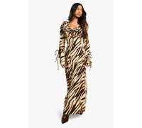 Boohoo Zebra Textured Ruffle Shift Maxi Dress In Chocolate chocolate 10