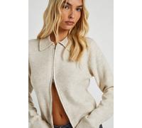 Boohoo Zip Through Collar Detail Knitted Cardigan In Cream cream M