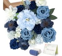 Boojarr Blue Artificial Flowers Fake Flowers Silk Peony Roses with Stems Leaves Greenery Combo Box Set for DIY Wedding Bouquets Bridal Shower Centerpieces Floral Arrangements Party Tables Decoration