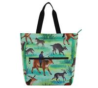 Book Bag Art Tote Bag for Boys Girls Adults, Ink Painting Prey Green Large Reusable Grocery Beach Bag with Zipper for School Shopping Grocery Rainbow