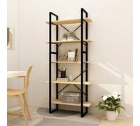 Book Cabinet 80x30x175 cm Pinewood & Black Metal 5-Tier Industrial Shelves Pair
