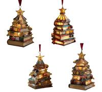 Book Christmas Tree Ornament, Stacked Books Tree Shaped Ornaments, Christmas Decorations for Reading Lovers Holiday Party Home Gift (4PC)
