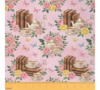 Book Craft Fabric No Stretch,Natural Rose Flower Leaf Flora Soft Flannel Polyester,Rustic Farmhouse Tea Butterfly Ideal for Quilting,Crafts & Handmade Artwork,Light Pink 1 Yard Pre-Cut,36" L x 59" W