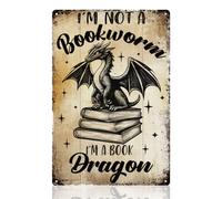 Book Dragon Classroom Library Wall Decor Sign, I'm Not a Bookworm I'm a Book Dragon Funny Wall Art, Reading Inspirational Vintage Metal Tin Poster for Reading Corner Wall Decor Gift 20 x 30cm