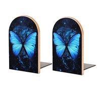 Book Ends Blue Butterfly Starry Sky Bookends for Shelves to Hold Books Heavy Duty Non-Slip Book Stoppers Wood Decorative Home Office