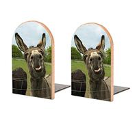 Book Ends Bookends for Shelves to Hold Books Brown Furry Donkey Print Small Non-Slip Book Stoppers Wood Decorative Home Office Desk