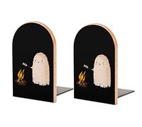 Book Ends Bookends for Shelves to Hold Books Cute Halloween Ghost Print Small Non-Slip Book Stoppers Wood Decorative Home Office Desk
