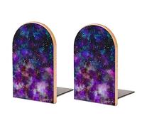 Book Ends Bookends for Shelves to Hold Books Galaxy Universe Print Small Non-Slip Book Stoppers Wood Decorative Home Office Desk