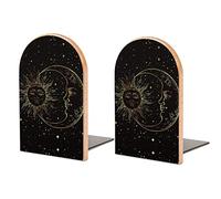Book Ends Bookends for Shelves to Hold Books Golden Sun Moon Boho Print Small Non-Slip Book Stoppers Wood Decorative Home Office Desk