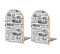 Book Ends Bookends for Shelves to Hold Books Hello in Different Languages Print Small Non-Slip Book Stoppers Wood Decorative Home Office Desk