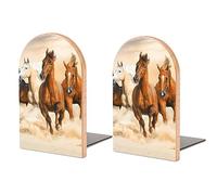 Book Ends Bookends for Shelves to Hold Books Horses Force Running Print Small Non-Slip Book Stoppers Wood Decorative Home Office Desk