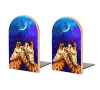 Book Ends Bookends for Shelves to Hold Books Lovely Couple Giraffe Print Small Non-Slip Book Stoppers Wood Decorative Home Office Desk