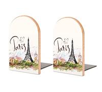 Book Ends Bookends for Shelves to Hold Books Paris Eiffel Tower Print Small Non-Slip Book Stoppers Wood Decorative Home Office Desk