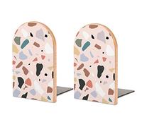 Book Ends Bookends for Shelves to Hold Books Terrazzo Pattern Print Small Non-Slip Book Stoppers Wood Decorative Home Office Desk