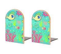 Book Ends Bookends for Shelves to Hold Books Underwater World Fish Print Small Non-Slip Book Stoppers Wood Decorative Home Office Desk