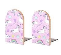 Book Ends Bookends for Shelves to Hold Books Unicorn Print Small Non-Slip Book Stoppers Wood Decorative Home Office Desk