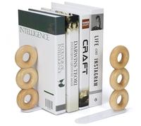 Book Ends for Shelves, Donut Shaped Wooden Bookends with Metal Base, Handmade Modern Decorative Book Accessories for Home & Office To Hold Books Firmly on Bookshelf Bookends