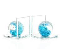 Book Ends for Shelves, Glass Bookends with Turquoise Crystal Hand Blown Sea Wave Ball, Non Skid Sturdy Glass Decorative Bookends for Ocean Lovers, Heavy Books, Office, Set of 2