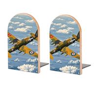 Book Ends for Shelves,World War 2 Aircraft Airplane Print Wood Heavy Duty Bookends 1 Pair,Fancy Modern Decorative Non-Skid Book Stopper for Office, Library Or Study Book Accessories