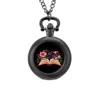 Book Flowers Read Men's Pocket & Fob Watches Analogue Display Quartz Watch with Chain for Birthday Christmas Father's Day Black-Style