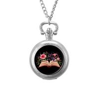 Book Flowers Read Men's Pocket & Fob Watches Analogue Display Quartz Watch with Chain for Birthday Christmas Father's Day Silver-Style
