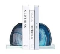 Book Holder 1 Pair Stone Bookends Agate Book Holder Crystal for Office Decorative and Home Dyed Blue with Base for Study Room