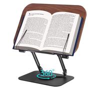 Book Holder for Reading, Adjustable Cookbook Stand with 360° Swivel Base Foldable Recipe Book Stand Portable Bookstands Document Holder with Page Clips for Tablet Office Textbook Kindle (Walnut Color)