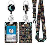 Book Lanyards for ID Badge, Library Cat ID Badge Holder with Retractable Reel Clip Keychain, Gifts for Librarian, Gothic Identity Badge Cover Case Protector for Student Teacher