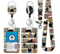 Book Lanyards for ID Badge, Library Cat ID Badge Holder with Retractable Reel clipKeychain, Lanyard with Name Tag Holder, Gifts for Librarian, Identity Badge Cover Case Protector for Student Teacher
