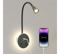 Book Lights for Reading at Night, LED Wall Mounted Reading Light, Flexible Gooseneck Wall Lamps for Bedroom, Plug in Wall Lights with USB Charging, Bedside Wall Sconces Focused Bed Lamp (Black)