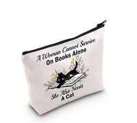 Book Lover Gift A Woman Cannot Survive On Books Alone Makeup Bag Cat Lover Cosmetic Bag Cat Kitty Mom Gift Bookish Zipper Travel Bag (A Woman Cannot Survive)