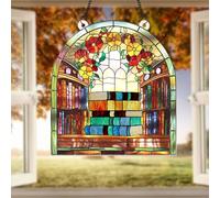 Book Lover Stained Glass Window Hanging - Colorful Book Stack Suncatcher Decor for Library, Reading Nook, Office - Vintage Floral Arched Window Book Decor Gift for Readers & Teachers (Sun-15)