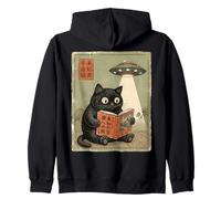 Book Lover UFO Alien Abduction Vintage Japanese Cat Zip Hoodie