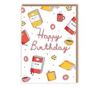 Book Lovers Theme Birthday Card - Cute Illustrations of Fiction Lover Essentials 'Happy Birthday' - Cute Birthday For Her For Him