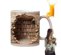 Book Mug | 2D Flat Pattern 350ml Bookshelves Hole in a Wall Mug | Ceramic Novelty Cup for Readers Men Women Book Lovers Latte Water Home Kitchen Bar Club Bookish Christmas Birthday