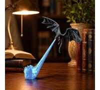 Book Nook Dragon Shelf Light, Flame Base Bookend for Fantasy Fans | 3D printed resin-style dragon with flame base and wings, a book nook ornament for shelves, gaming desks, and displays.