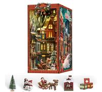 Book Nook Kit,DIY Christmas Street Corner Miniature Book Nook Cozy Holiday Scene Model Book Nook With LED Light Festive Desktop Decor Suitable For Wooden Crafts For Adults
