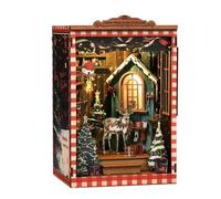 Book Nook Kit, DIY Miniature Dollhouse Booknook Kits for Adults and Teens, 3D Wooden Puzzle Bookends with Sensor LED Light, Book Nook Miniature Kit Gifts for Bookshelf Insert Decor (Christmas Elk)