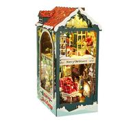 Book Nook Kit - Doll house Book Nook, Christmas Wooden Miniature Paper Kit with Snowy Night - LED Light Bookshelf with Santa Christmas Tree & Wreath - Creativity Bookends Model Kit for Adults Kids