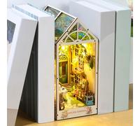 Book Nook Kit Gardenhouse with LED Lights, Wooden Puzzle Bookshelf Insert Decor, DIY Miniature Dollhouse Kit Garden House Decorative, Bookend Building Kits Decoration Gift