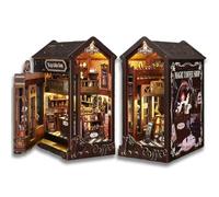 Book Nook Kits for Adults 3D Puzzle Wooden Book Nooks Kit with Sensor Led Light Model Kits Craft Kits for Adults - DIY Miniature House Kit for Bookshelf Decor in Halloween/Christmas -Magic coffee shop
