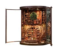 Book nook kits for adults - DIY Miniature Library with LED Light, 3D Wooden Puzzle Bookend Bookshelf Insert Craft Kit, Wisdom Ring Library Model for Home Decor & Gifts (Brown-Batteries not included)