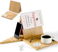Book Nook Reading Valet Stand, Wooden Book Stand with Cup Holder & USB Charge Ports, Foldable Book Rest Triangle Book Holder for Page Rest, Book Lovers Gifts